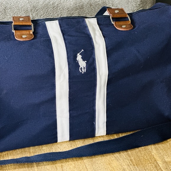 Vintage Polo Ralph Lauren Navy Blue Canvas Duffle Bag Travel Gym Leather - Picture 1 of 9